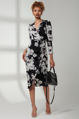 Satin Floral Shirt Dress, Black Floral