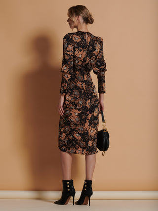 Print Satin Wrap Bodycon Dress, Brown Floral