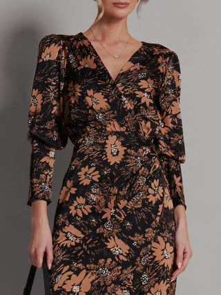 Satin Floral Shirt Dress, Brown Floral