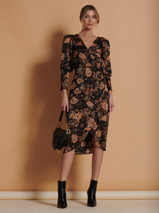 Print Satin Wrap Bodycon Dress, Brown Floral