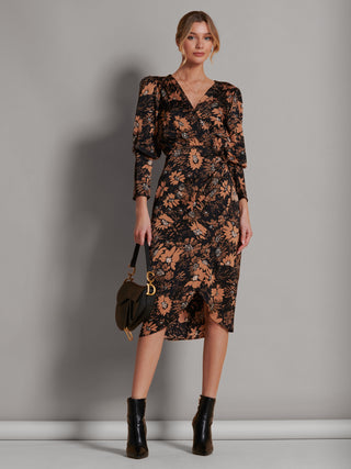 Sleeveless Bodycon Midi Dress, Brown Floral