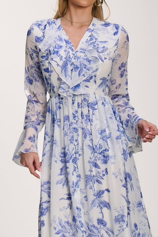 Long Sleeve Chiffon Ruffle Maxi Dress, Blue Floral