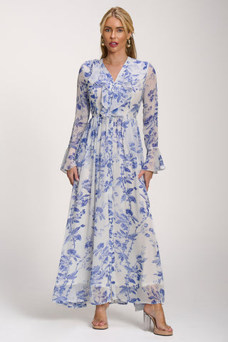 Long Sleeve Chiffon Ruffle Maxi Dress, Blue Floral
