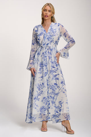 Long Sleeve Chiffon Ruffle Maxi Dress, Blue Floral