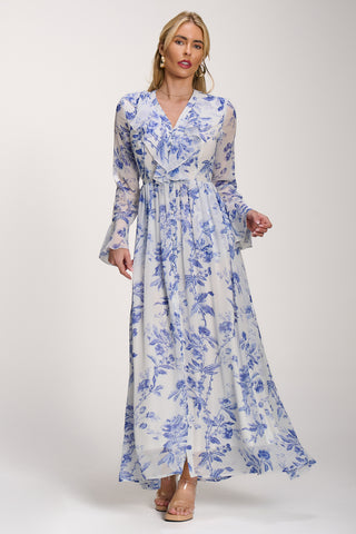 Long Sleeve Chiffon Ruffle Maxi Dress, Blue Floral