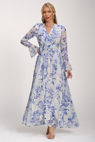Long Sleeve Chiffon Ruffle Maxi Dress, Blue Floral