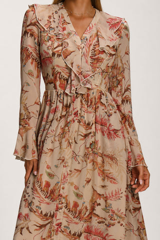 Long Sleeve Chiffon Ruffle Maxi Dress, Orange Multi