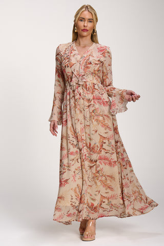 Long Sleeve Chiffon Ruffle Maxi Dress, Orange Multi