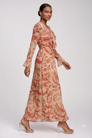 Long Sleeve Chiffon Ruffle Maxi Dress, Orange Multi