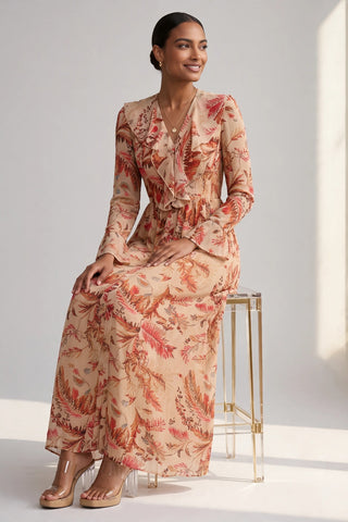 Long Sleeve Chiffon Ruffle Maxi Dress, Orange Multi