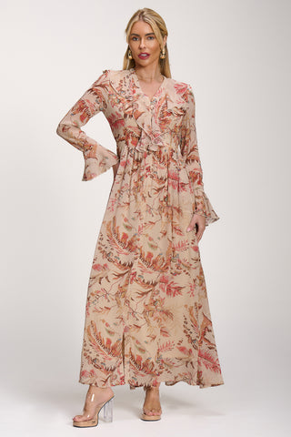 Long Sleeve Chiffon Ruffle Maxi Dress, Orange Multi