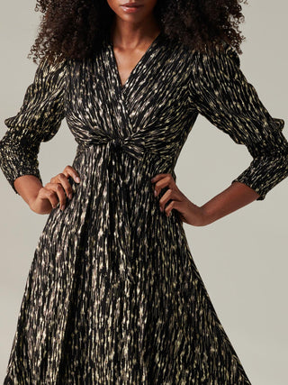 Layla Long Sleeve Metallic Wrap Dress, Black/Gold