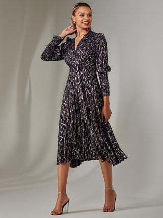 Layla Long Sleeve Metallic Wrap Dress, Navy/Gold