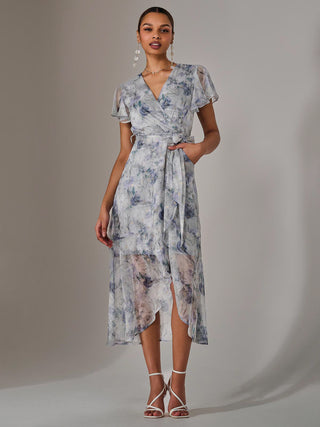 Chiffon Wrap Midi Dress, Blue Floral Jolie Moi Retail Chiffon Wrap Midi Dress, Blue Floral Jolie Moi Retail