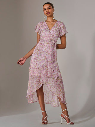 Chiffon Wrap Midi Dress, Pink Floral - Main Image