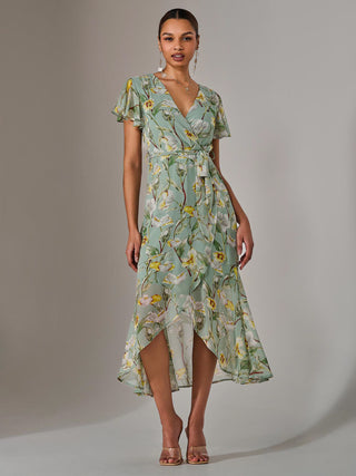 Chiffon Wrap Midi Dress, Teal Floral Jolie Moi Retail Chiffon Wrap Midi Dress, Teal Floral Jolie Moi Retail