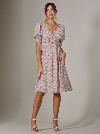 Puff Sleeve Midi Dress, Pink Floral Jolie Moi Retail Puff Sleeve Midi Dress, Pink Floral Jolie Moi Retail
