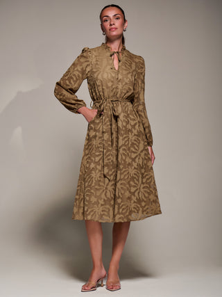 Tie Neck Chiffon Midi Dress, Brown