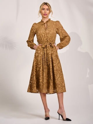 Tie Neck Chiffon Midi Dress, Brown