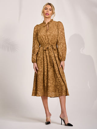Tie Neck Chiffon Midi Dress, Brown