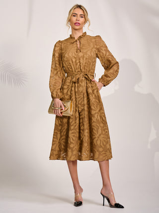 Tie Neck Chiffon Midi Dress, Brown