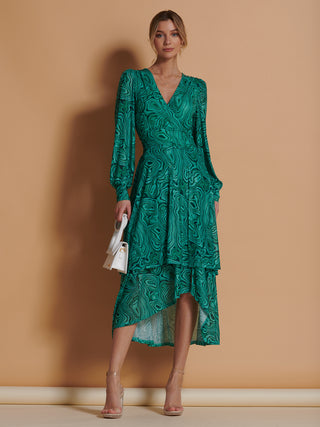 Asymmetrical Hem Mesh Midi Dress, Green Abstract Jolie Moi Retail Asymmetrical Hem Mesh Midi Dress, Green Abstract Jolie Moi Retail