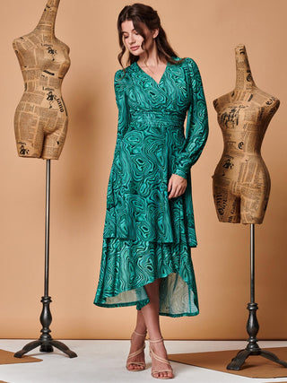 Asymmetrical Hem Mesh Midi Dress, Green Abstract