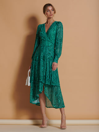 Asymmetrical Hem Mesh Midi Dress, Green Abstract