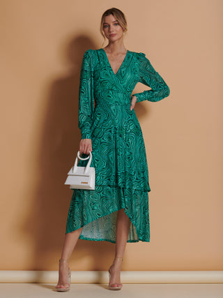 Asymmetrical Hem Mesh Midi Dress, Green Abstract Jolie Moi Retail Asymmetrical Hem Mesh Midi Dress, Green Abstract Jolie Moi Retail