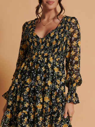 V Neck Shirred Detail Chiffon Dress, Black Floral