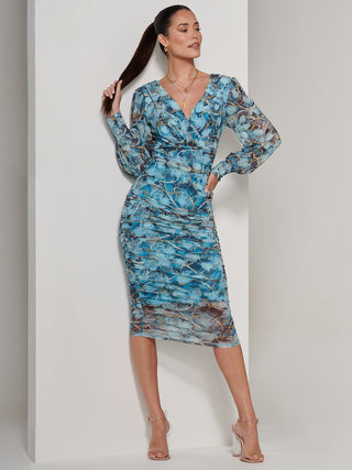 Long Sleeve Ruched Mesh Midi Dress, Blue Abstract Jolie Moi Retail Long Sleeve Ruched Mesh Midi Dress, Blue Abstract Jolie Moi Retail