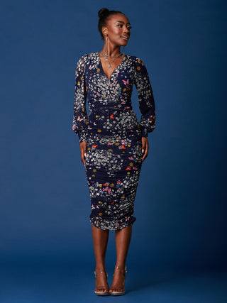 Long Sleeve Ruched Mesh Midi Dress, Navy Floral