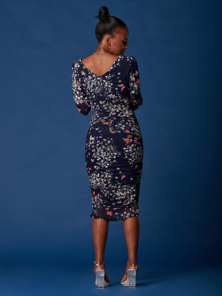 Long Sleeve Ruched Mesh Midi Dress, Navy Floral