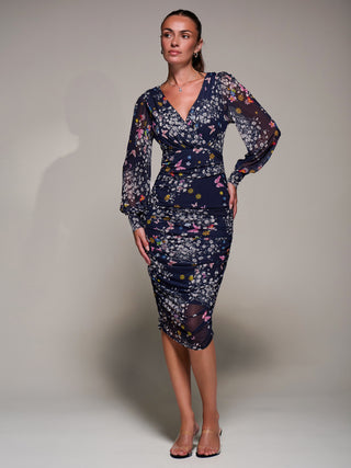 Long Sleeve Ruched Mesh Midi Dress, Navy Floral Jolie Moi Retail Long Sleeve Ruched Mesh Midi Dress, Navy Floral Jolie Moi Retail