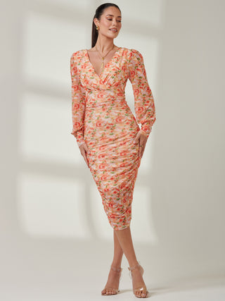 Long Sleeve Floral Mesh Dress, Orange Multi