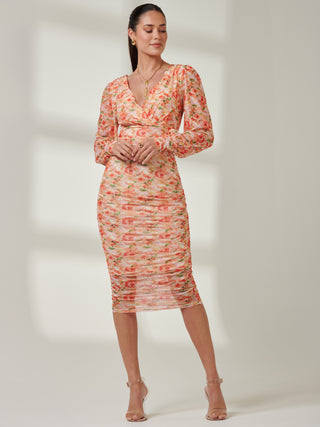 Long Sleeve Floral Mesh Dress, Orange Multi