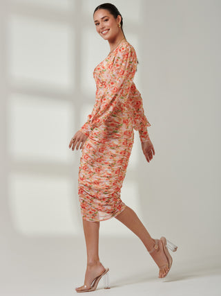 Long Sleeve Floral Mesh Dress, Orange Multi