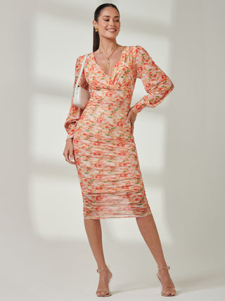 Long Sleeve Floral Mesh Dress, Orange Multi
