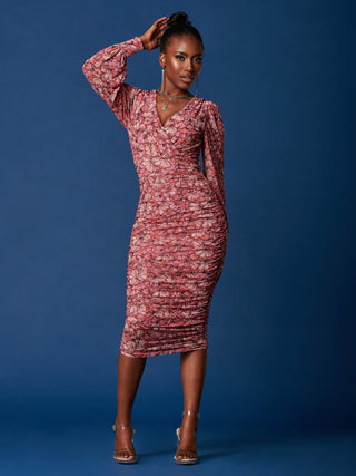 Long Sleeve Ruched Mesh Midi Dress, Pink Multi Jolie Moi Retail Long Sleeve Ruched Mesh Midi Dress, Pink Multi Jolie Moi Retail
