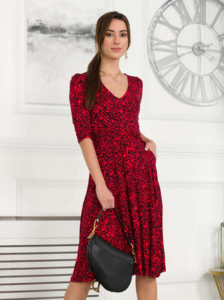 Valeria Viscose Midi Dress, Red Animal