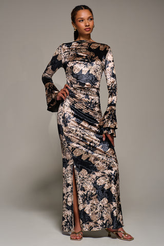 Ruffle Sleeve Asymmetric Neck Velvet Maxi, Black Abstract