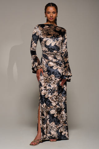 Ruffle Sleeve Asymmetric Neck Velvet Maxi, Black Abstract