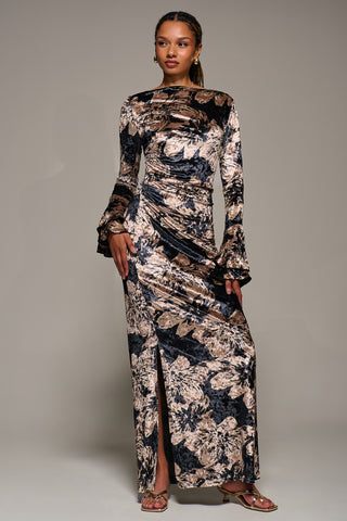 Ruffle Sleeve Asymmetric Neck Velvet Maxi, Black Abstract