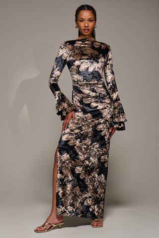 Ruffle Sleeve Asymmetric Neck Velvet Maxi, Black Abstract
