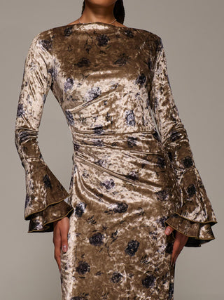 Ruffle Sleeve Asymmetric Neck Velvet Maxi, Gold Abstract