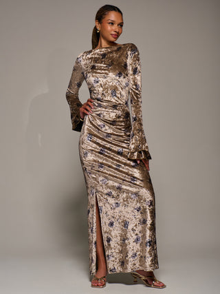 Ruffle Sleeve Asymmetric Neck Velvet Maxi, Gold Abstract