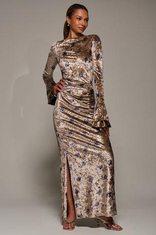 Ruffle Sleeve Asymmetric Neck Velvet Maxi, Gold Abstract