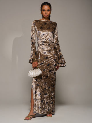 Ruffle Sleeve Asymmetric Neck Velvet Maxi, Gold Abstract