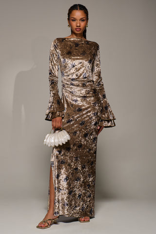Ruffle Sleeve Asymmetric Neck Velvet Maxi, Gold Abstract