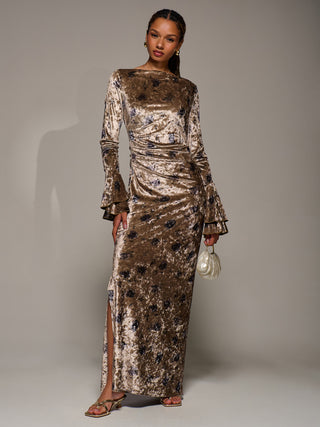 Ruffle Sleeve Asymmetric Neck Velvet Maxi, Gold Abstract